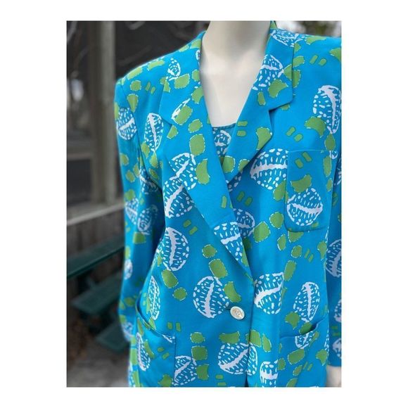 Alfred Sung Vintage 90s 100% Silk 3 Piece Dress Suit Turquoise Green Abstract - Picture 3 of 16